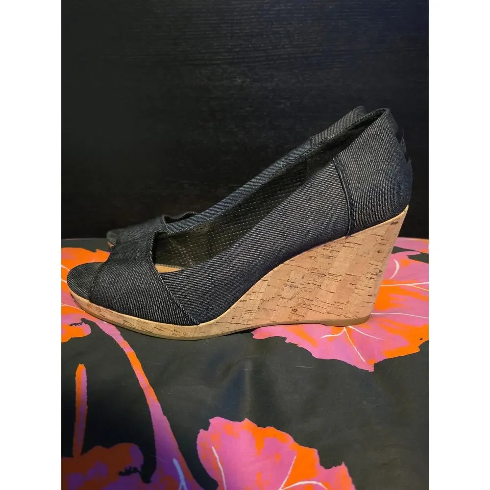 Toms Stella peep toe cork wedges black denim size 8.5‎